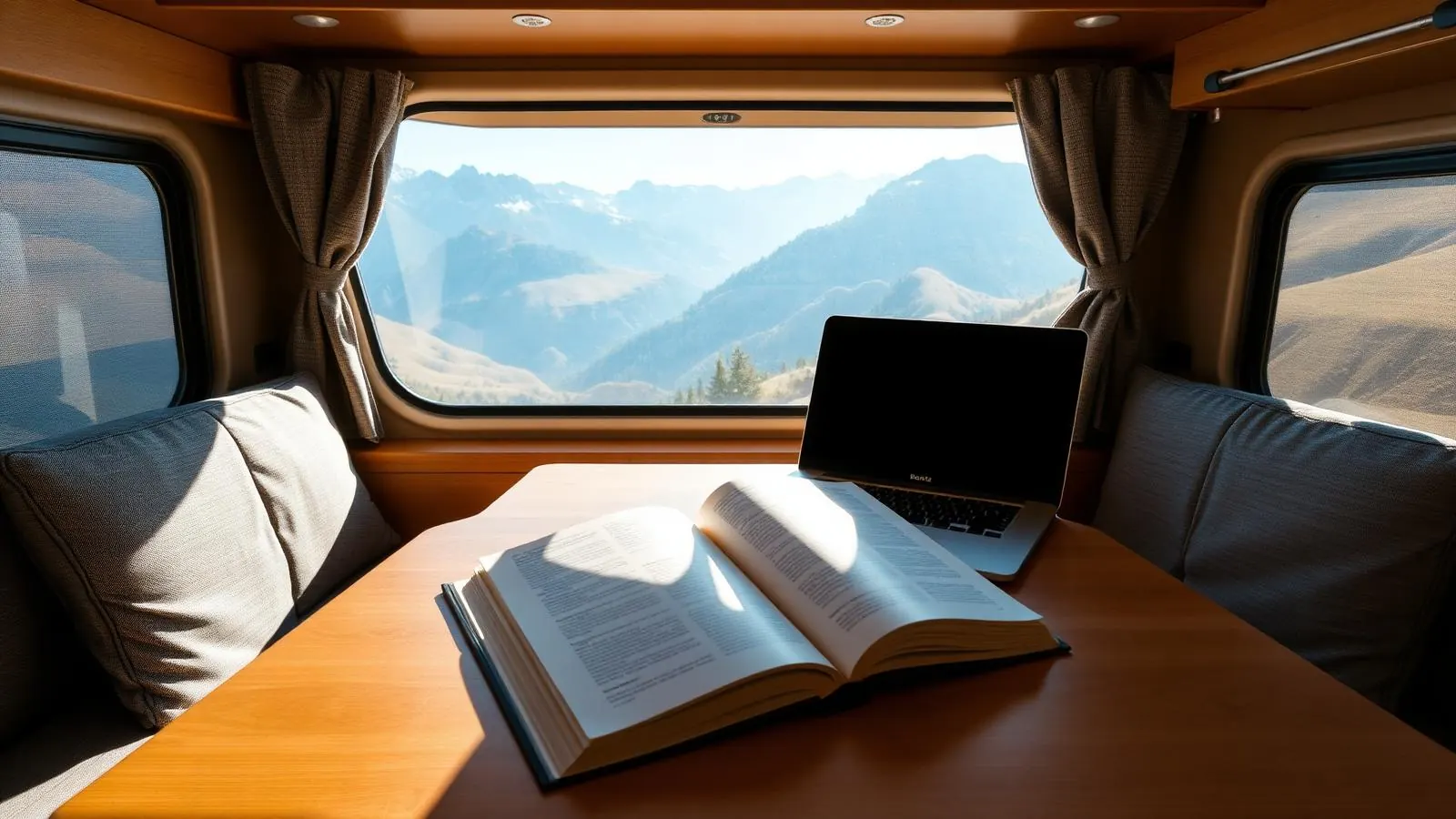 Bok och laptop på bord i husbil med bergsutsikt
